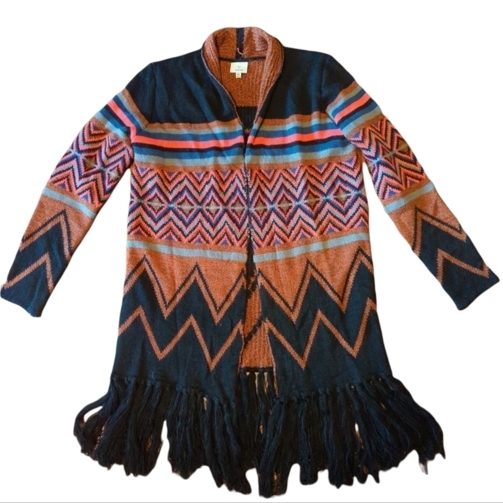 colorful tribal knit fringe Bohemian Festival long open duster/cardigan sz M - Picture 9 of 14